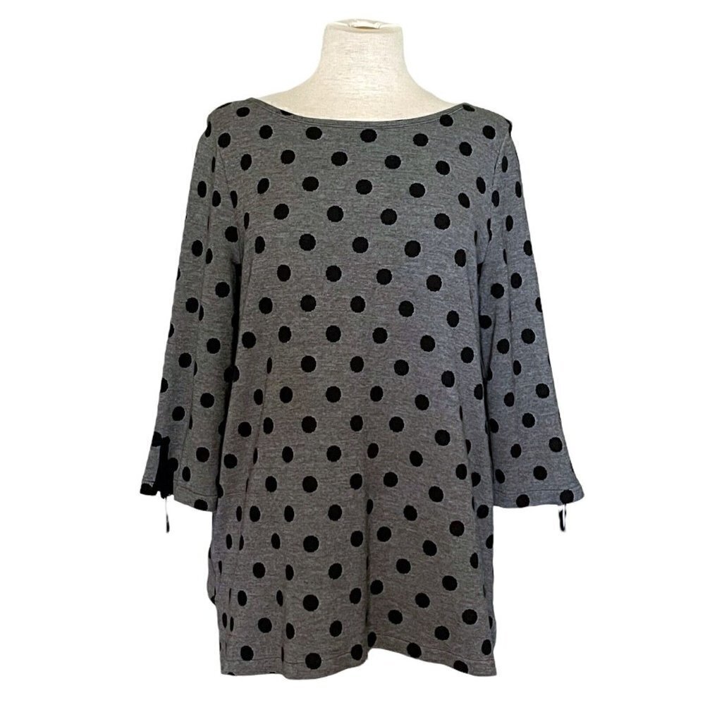 Talbots Polka Dot Tunic Top Womens Sz M Gray Black Tie Sleeve Preppy Knit Blouse